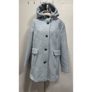 Amber & June Mid Length Coat Womens 14 Single Breasted Hooded Sherpa Blue Pocket